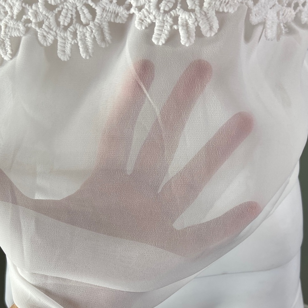 White Boho Bohemian Sheer Chiffon Floral Lace Off-Shoulder Blouse XSmall XS - Picture 3 of 8